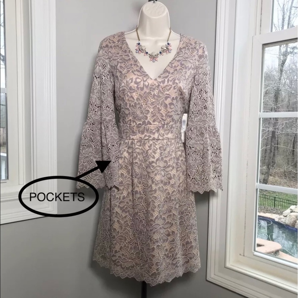Eliza J Lavender Gray Lace Overlay Cocktail Dress with Pockets - Women’s 8 NEW